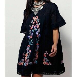Free People Perfectly Victorian Mini Dress Floral Embroidered Black Size Large